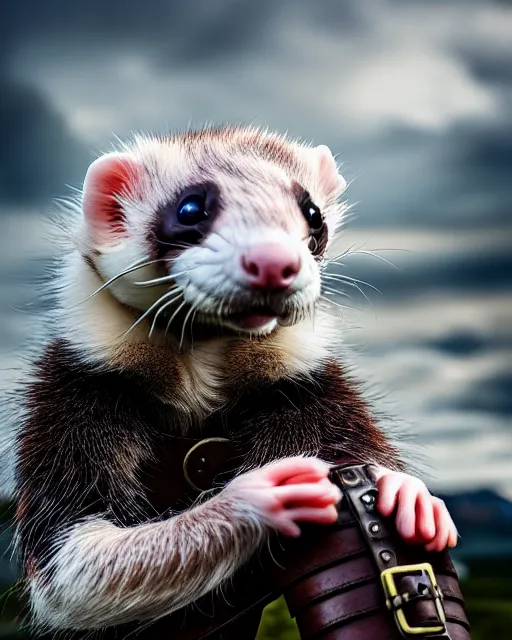 Image similar to ferret warrior, furry, fantasy, viking, high detailed, photography, cloudy, lightweight leather armour, scandinavia, plain, detailed face, look into the distance, serious face, full body, in full growth, professional photographer, masterpiece, 5 0 mm, extremely detailed, digital art 8 k