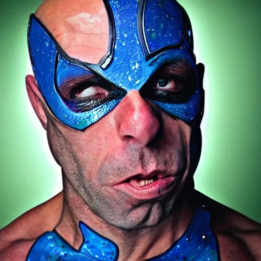 Image similar to UHD candid photo of Joe Rogan dressed as a cosmic superhero, accurate face, UHD, photorealistic, correct face, photo by Annie Leibowitz