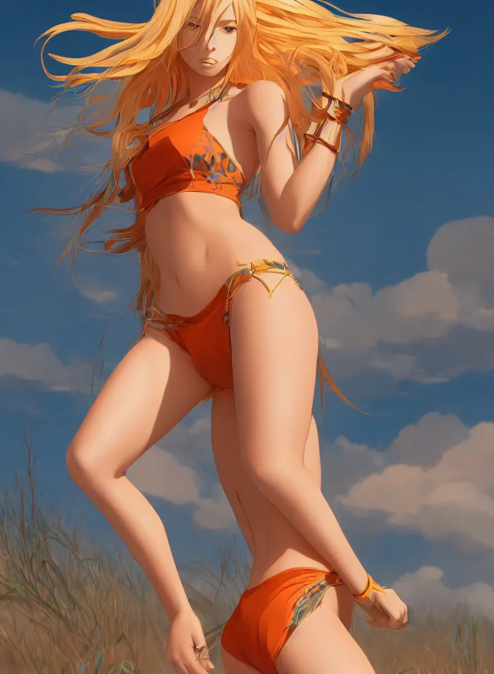 Image similar to beautiful blond woman in orange tribal bikini, long blond hair behind the ear, by makoto shinkai, ross tran, 8 k, high resolution render, cinematic color grading, clean lineart and flat color,