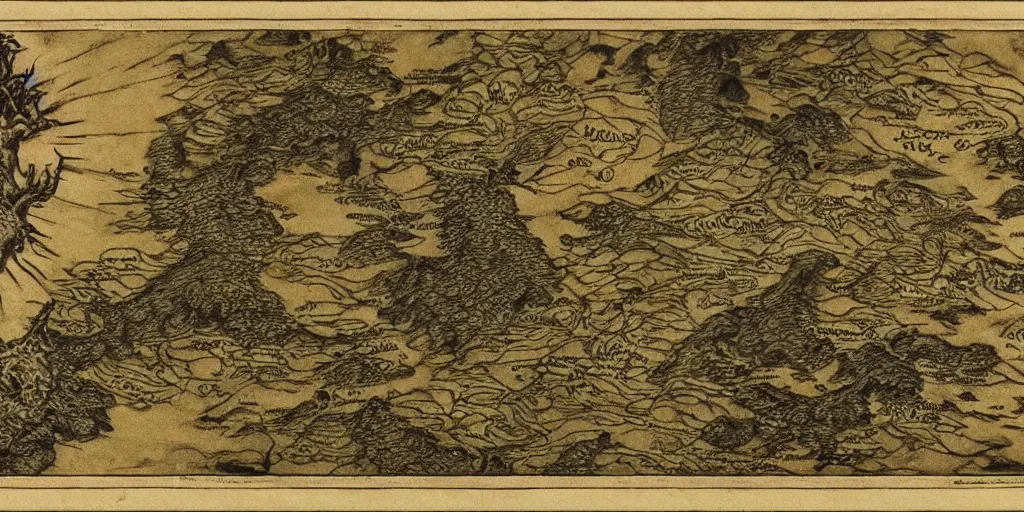 Image similar to old world fantasy style map of an island that looks like ireland, no handwriting on it, by arthur rackham and edmund dulac, HD, 4k, 8k, high detail!!, intricate, masterpiece, trending on artstation