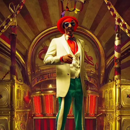 Prompt: snoop dogg as a circus clown juggling microphones, cinematic, volumetric lighting, f 8 aperture, cinematic eastman 5 3 8 4 film, photorealistic by greg rutkowski, by stanley artgerm, by alphonse mucha