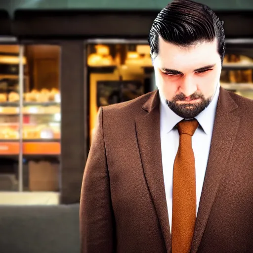 Prompt: Close up portrait of a clean-shaven chubby man with long black hair wearing a brown suit and necktie with a bakery in the background. Photorealistic. Award winning. Dramatic lighting. Intricate details. UHD 8K. He looks guilty