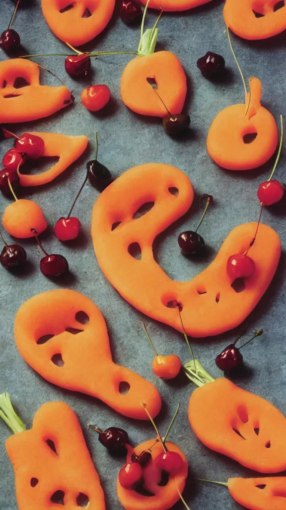 Prompt: 1 9 7 0 s food photography of carrot and cherries in the shape of a man