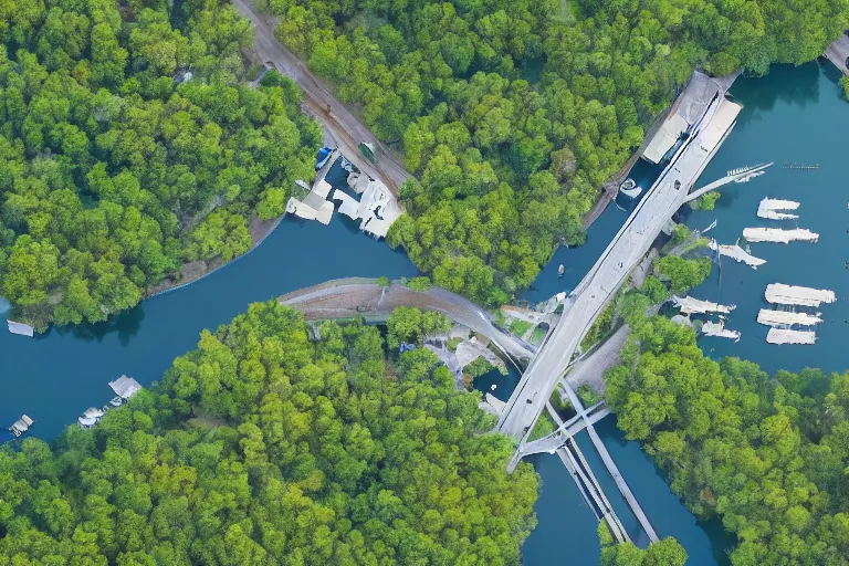 Image similar to bird's eye view of a small city with woods, trailer park, a road, bridge, and lagoon with docking area.