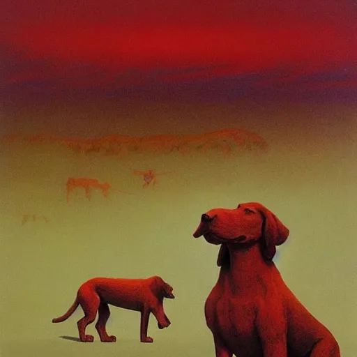 Image similar to clifford the big red dog standing amongst mountains made of bones, painted by zdzisław beksinski