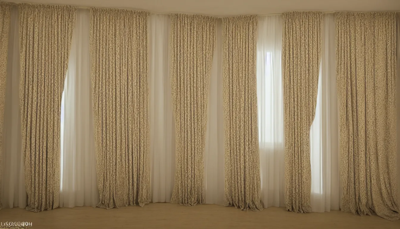 Image similar to symetrical, luxurious night curtains, house interior, design very detailed, high resolution, 8 k