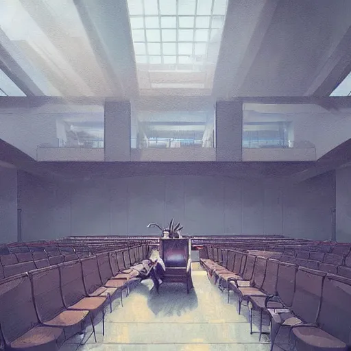 Image similar to concept art of the auditorium of a singaporean school, it is evening and light slants in through the windows, art by greg rutkowski