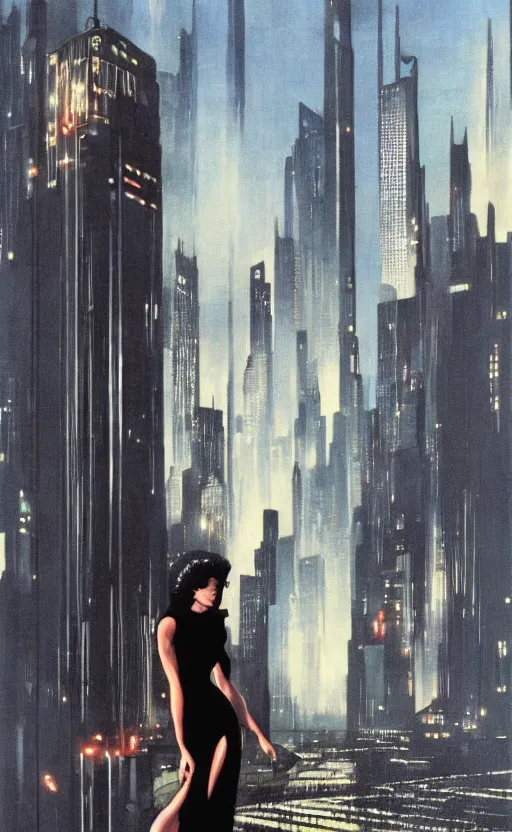 Image similar to an elegant Black woman in dress and heels, her back is to us, looking at a futuristic Blade Runner city, by Robert McGinnis.