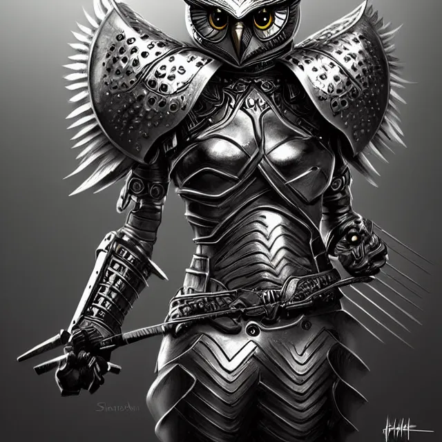 Image similar to warrior with metal owl armour, highly detailed, 4 k, hdr, smooth, sharp focus, high resolution, award - winning photo, artgerm, photorealistic