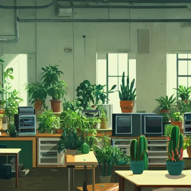 Image similar to an interior room with old pc computers stacked on the walls with potted plants and cacti, makoto shinkai