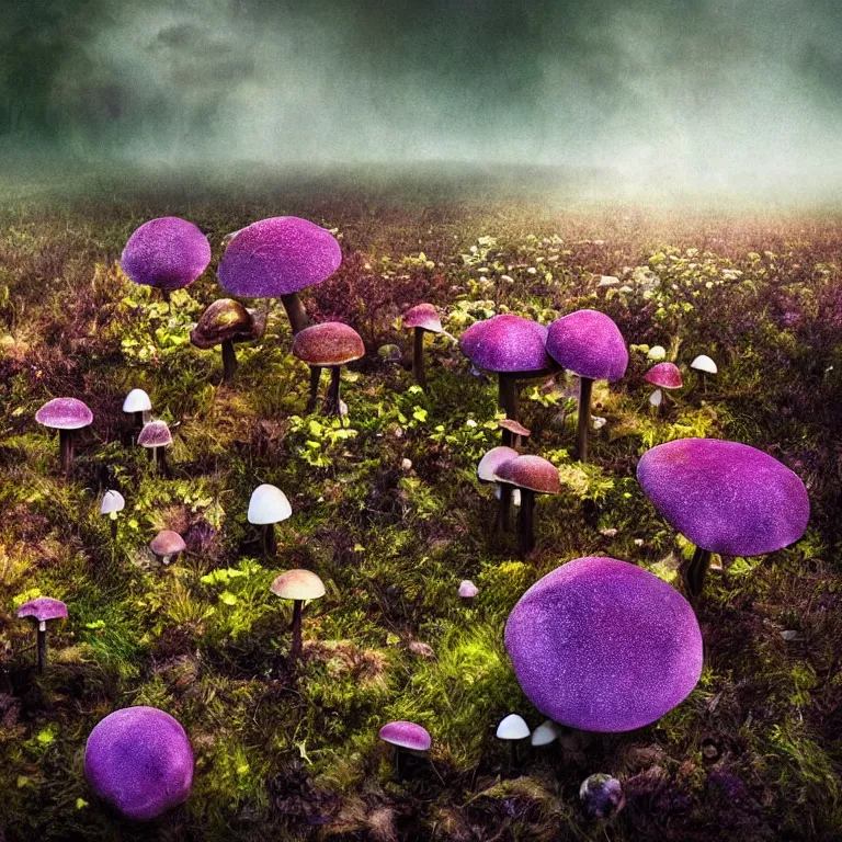 Image similar to a planet of various fungus, mushrooms, flowers and plants, inside the picture is infinity, Atmospheric, artistic photography, conceptual, long exposure outside the city, volumetric light