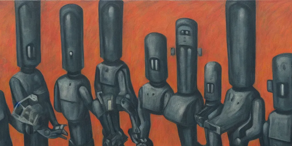 Prompt: formation of robots guarding a brutalist fortress, evil visages, dystopian, pj crook, edward hopper, oil on canvas