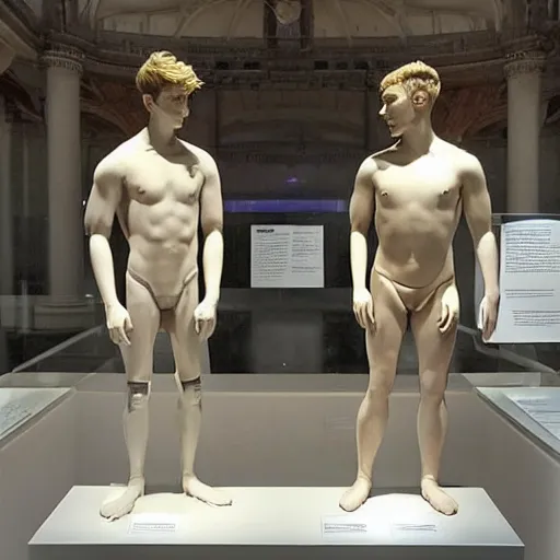 Image similar to “a realistic detailed photo of a guy who is an attractive humanoid who is half robot and half humanoid, who is a male android, British diver Jack Laugher & Chris Mears, shiny skin, posing like a statue, blank stare, at the museum, on display”