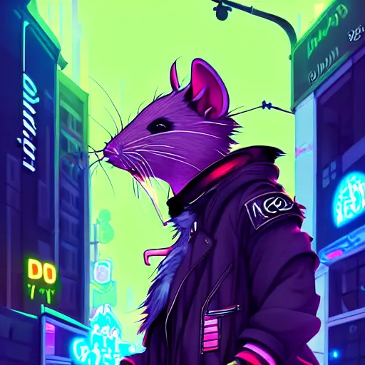 Image similar to beautiful furry digital art portrait commission of an androgynous furry anthro rat fursona wearing punk clothes in the streets of a cyberpunk city. neon signs. character design by charlie bowater, ross tran, artgerm, and makoto shinkai, detailed, inked