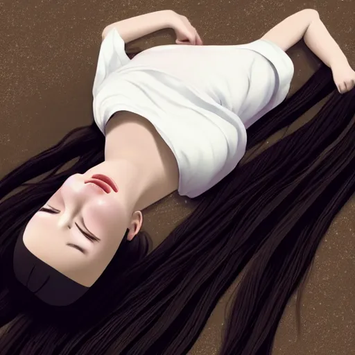 Image similar to little girl with an long black hair dressed in a simple white dress sleeping, anime art style, digital art ilya kuvshinov, inspired by balthus, hd, 4 k, hyper detailed, top view, dark