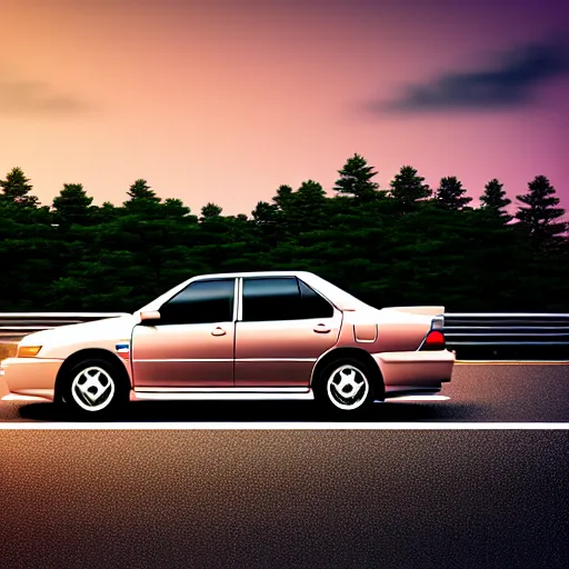 Image similar to a car Toyota JZX100 in middle of road, gunma prefecture, city sunset, cinematic color, photorealistic, highly detailed, bokeh