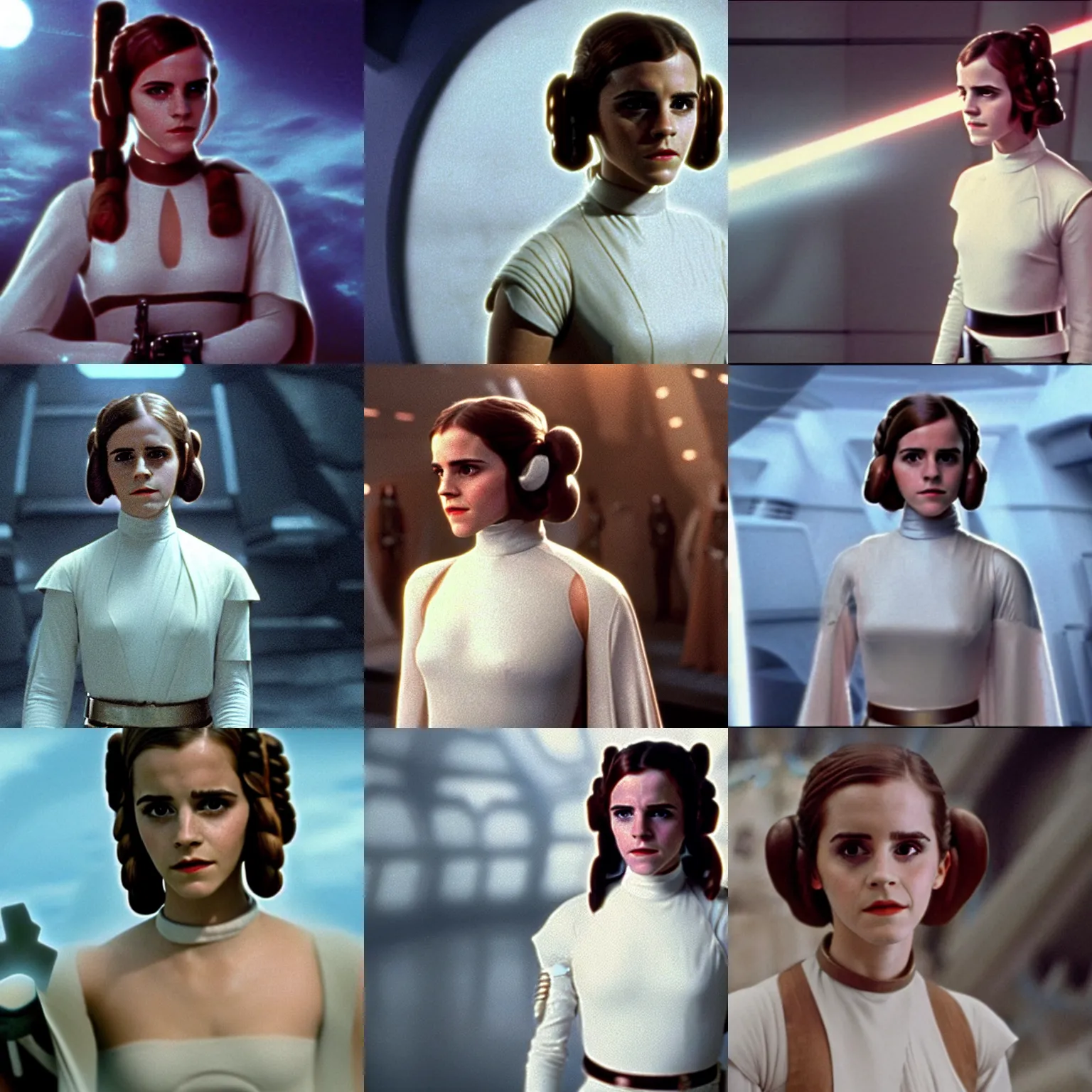 Prompt: film still of Emma Watson as princess leia in Star Wars 1977, 4k