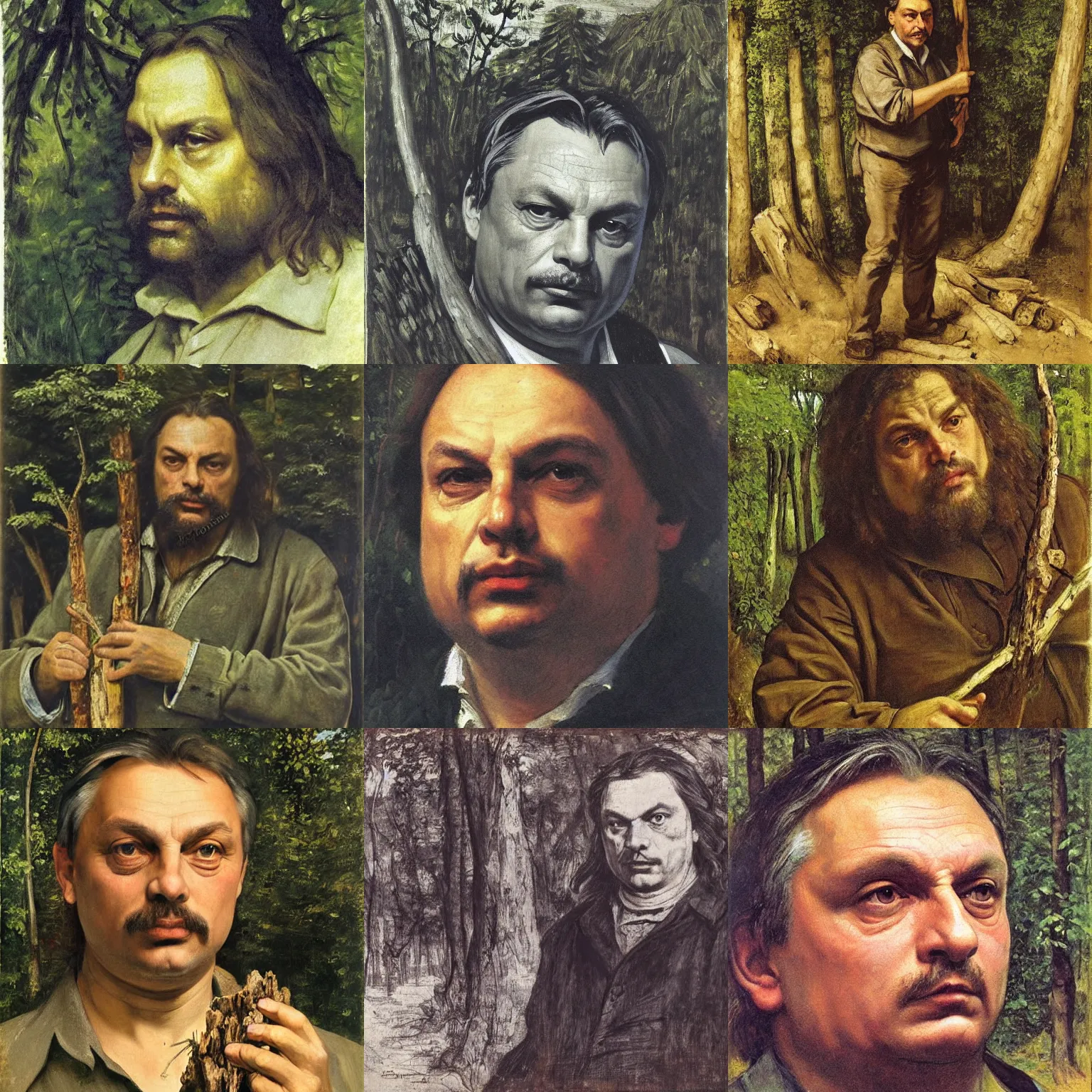 Prompt: viktor orban in a forest, highly detailed face, holding a wood piece, by gustave courbet