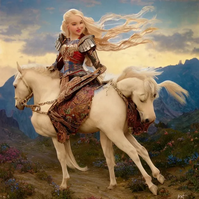 Prompt: dove cameron with long blonde hair wearing scale mail, riding a horse in the mountains on a dark and stormy day, rtx rendering, octane render 1 2 8 k, maya, extreme high intricate details by wlop, medium shot, composition by by frank frazetta and alphonse mucha, oil on canvas, bright colors, art nouveau