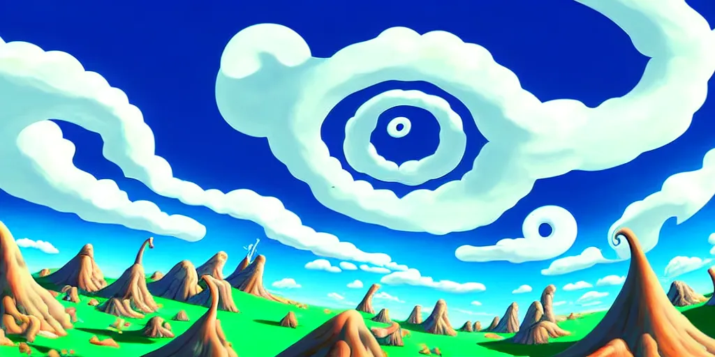 Image similar to cartoon concept art, clean blue sky, spiral cirrus clouds, from sam and max