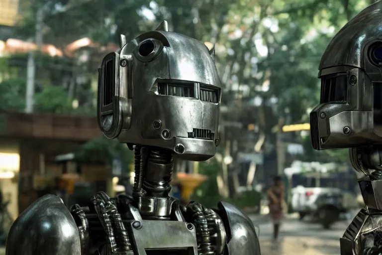 Prompt: film still from the movie chappie of the robot chappie shiny metal outdoor scene bokeh depth of field furry anthro anthropomorphic stylized wolf dog canine ears head android service droid robot machine fursona