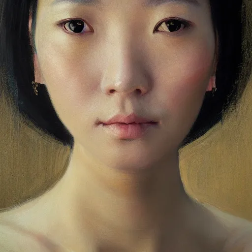 Prompt: high quality portrait painting of woman by Zhong Fenghua and Gustav Klimt, stunning, detailing, artstation trending, perfect lighting, golden hour, face detailing