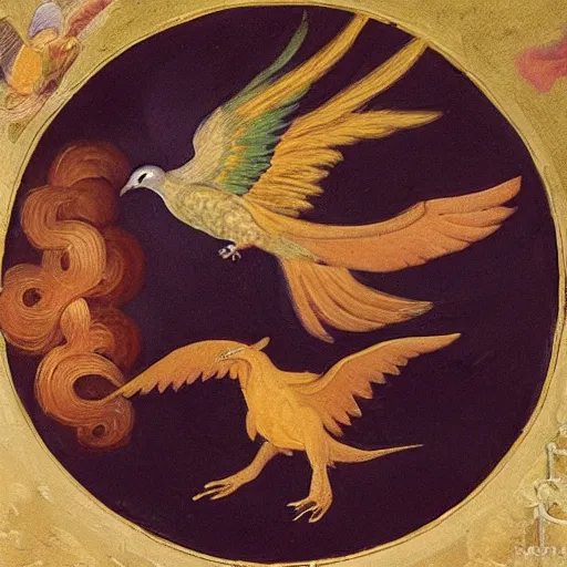 Prompt: a pidgeon and a pheonix flying in a circular symbol in the style of a renaissance painting in purple and gold