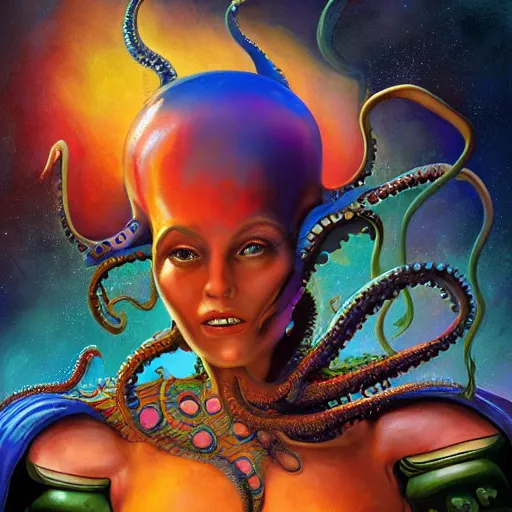 Image similar to A beautiful female Alien queen” she has octopus Tentacles starting to wrap around her head, Amazing colorful background, Digital art, Matte painting, concept Art, 3-D 4K, trending on Artstation, Hyper detailed ,Frank Frazetta, Arthur Adams, Julie Bell,