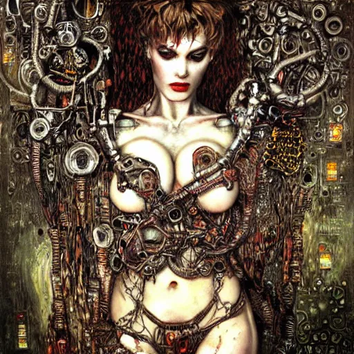 Prompt: depraved cybernetic demon, circuitry, intricate detail, klimt, royo,