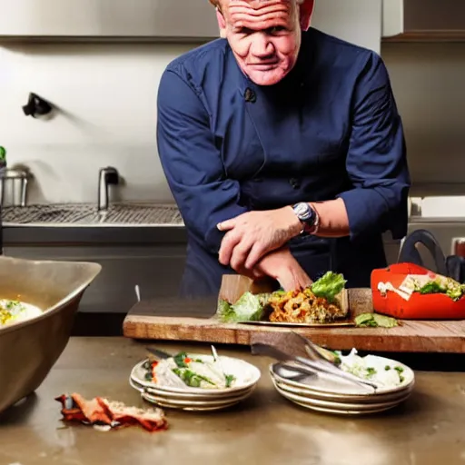 Image similar to gordon ramsay eating the food from the trash