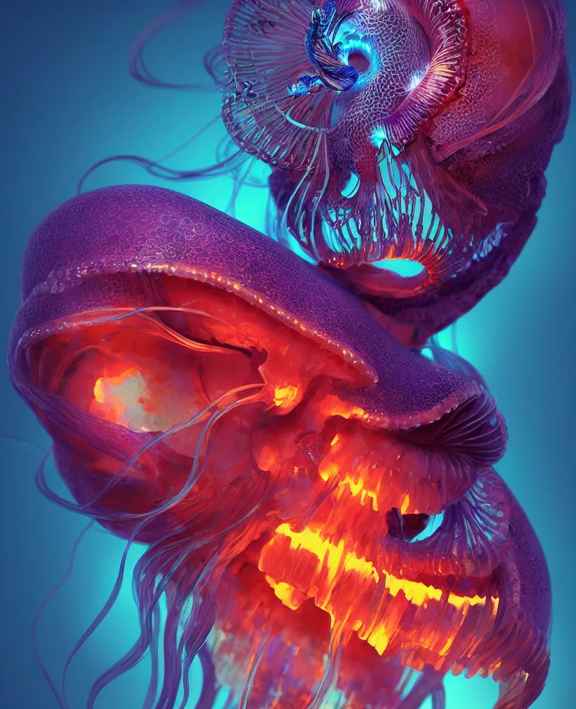 Image similar to goddess close-up portrait animal skull. jellyfish phoenix head, nautilus, orchid, skull, betta fish, bioluminiscent creatures, intricate artwork by Tooth Wu and wlop and beeple. octane render, trending on artstation, greg rutkowski very coherent symmetrical artwork. cinematic, hyper realism, high detail, octane render, 8k