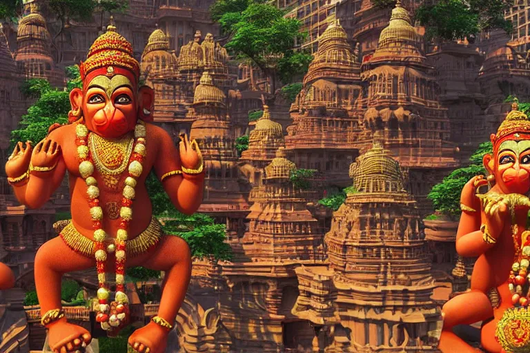 Image similar to high quality 3 d dreamscape! mumbai with biomorphic hanuman!! head building, kalighat highly detailed, unreal engine cinematic smooth, stephen shore & john j. park, soft morning light, wide shot, high angle, uhd 8 k, deep focus