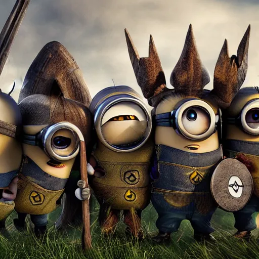 Prompt: The minions in The Vikings Digital art very detailed 4K quality Super Realistic