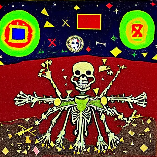 Image similar to pixel decollage painting tarot lovers card composition tower of babel road red armor maggot bear and wonky alien frog skeleton knight on a horse in a dark red cloudy night sky with golden foil jewish stars, occult symbols and diamonds, mountain lake and blossoming field in background, painted by Mark Rothko, Helen Frankenthaler, Danny Fox and Hilma af Klint, pixelated, neo expressionism, semi naive, pastel colors, cinematic, color field painting, cave painting, voxel, pop art look, outsider art, minimalistic. Bill Traylor painting, part by Philip Guston and Francis Bacon. art by Adrian Ghenie, very coherent symmetrical artwork, cinematic, hyper realism, high detail, octane render, unreal engine, Smooth gradients, depth of field, full body character drawing, extremely detailed, 8k, extreme detail, intricate detail, masterpiece