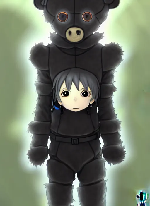 Image similar to beautiful little boy wearing an cyborg bear suit, artwork in kentaro miura and made in abyss and rosdraws, smooth, beautiful lightness, anatomically correct, trending on pixiv, forest