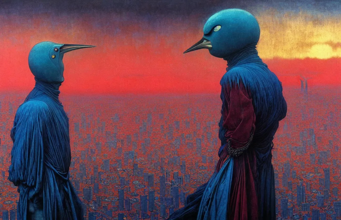 Image similar to realistic detailed portrait movie shot of a birdman wearing dark ragged robes, futuristic city sunset landscape background by denis villeneuve, amano, yves tanguy, alphonse mucha, ernst haeckel, max ernst, roger dean, rich moody colours, bird head, blue eyes