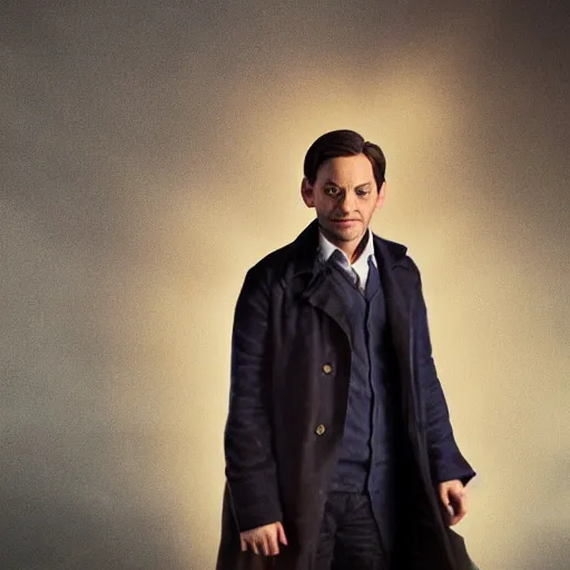 Image similar to tobey maguire as a rough dirty old man with a scruffy beard in a dark blue trenchcoat as the new doctor who, cinematic, volumetric lighting, f 8 aperture, cinematic eastman 5 3 8 4 film, photorealistic