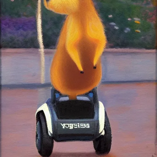 Image similar to impressionist painting of a capybara standing up riding a Segway