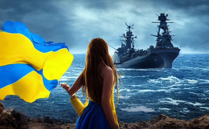 Prompt: view from behind of a girl in national blue and yellow dress with beautiful hair firmly holding a Ukrainian flag and standing on a shore and facing a huge realistic detailed Russian warship on the horizon. She is ready to fight. Ukrainian flag on the left side, concept art, сinematic lighting, insanely detailed, smooth, sharp focus, Artstation, 8k, unreal engine, hyper-realistic, bright background, moonlight, volumetric lighting, octane render, digital illustration by Ruan Jia and Mandy Jurgens and Artgerm and Wayne Barlowe and Greg Rutkowski and Zdislav Beksinski