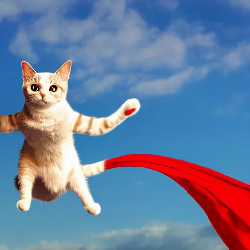 Prompt: cat with a red cape flying through the sky in a superman pose