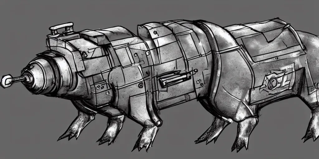 Image similar to concept art for a strong mechanized metal pig machine