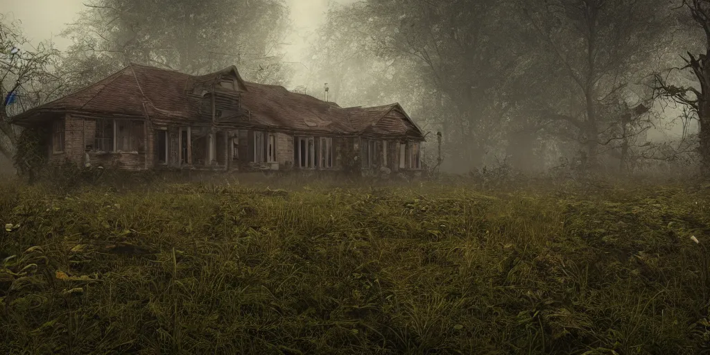 Prompt: photorealistic, ruined english bungalow at night, overgrown vegetation, in the forest, apocalypse, very dark, fog, skinny evil creatures, hell scape, horrifying, hyperrealistic, grimdark, artstation