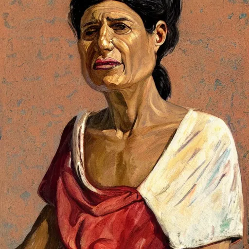 Prompt: Close-up portrait of 30 year old Mediterranean skinned woman in ancient canaanite clothing, painting by Paula Rego, high detail, high resolution
