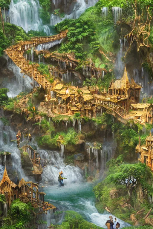 Prompt: wooden elven City with golden roofs, arches and bridges on top of a WATERFALL in the fall, gnarly trees, lush vegetation, forrest, a small stream runs beneath the waterfall, landscape, raphael lacoste, eddie mendoza, alex ross, john howe, concept art, matte painting, highly detailed, rule of thirds, dynamic lighting, cinematic, detailed, denoised, centerd, clean render