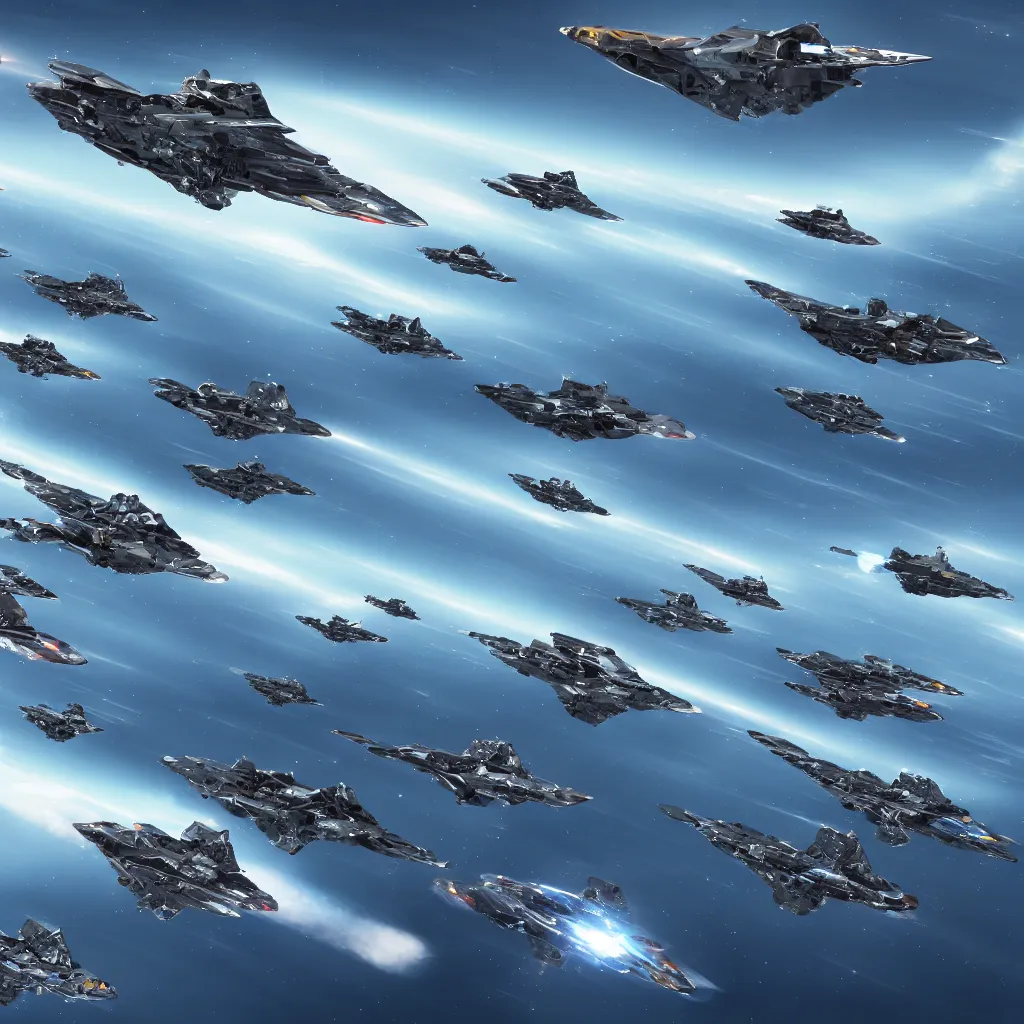 Image similar to fleet of fighter spacecrafts, hyper realistic, 4 k