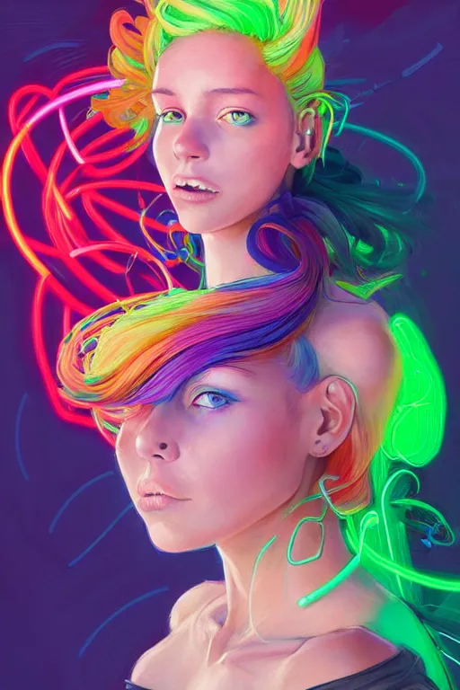 Image similar to a award winning portrait of a beautiful woman with stunning eyes in a one off shoulder croptop and cargo pants with rainbow colored hair, outlined by whirling illuminated neon lines and fine lines swirling in circles by jesper ejsing and rhads and makoto and shinkai and lois van baarle, digital art, trending on artstation