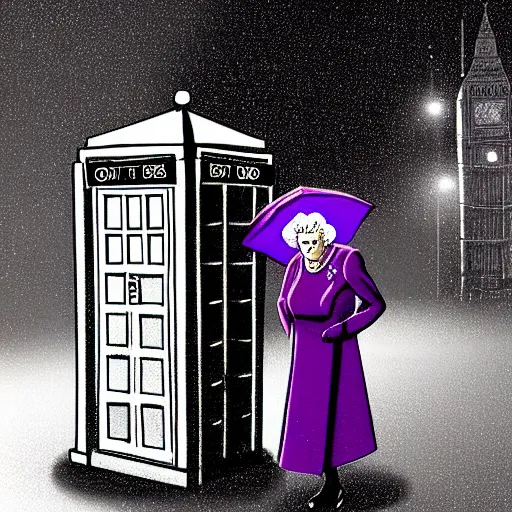 Image similar to Digital illustration of Queen Elizabeth II stepping out of the Tardis on a dark rainy London street, trending on artstation