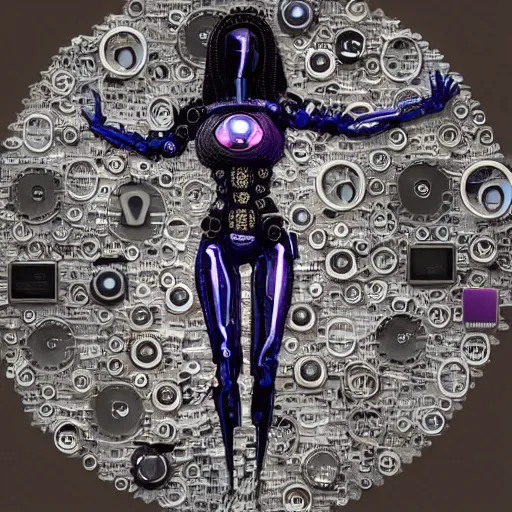 Image similar to a female cyborg made of cogs and clocks, dancing, ultra detailed, vaporwave