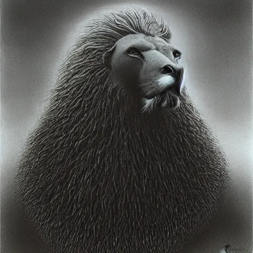 Image similar to the man with the beak of an eagle, the mane of a lion, the horns of a bull. drawn by zdzislaw beksinski