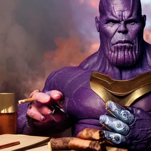 Prompt: photograph of Thanos smoking a cigar sitting in his dusty office, wooden desk, rich business vibes